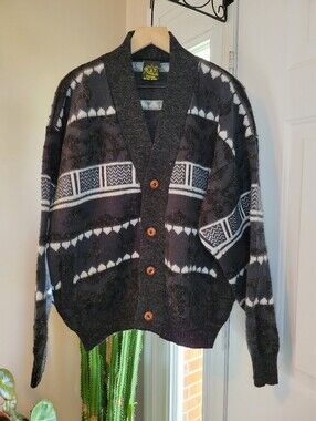 Tejidos Ruminahui Wool Knit Geometric Print Wooden Button Sweater Size Mens L